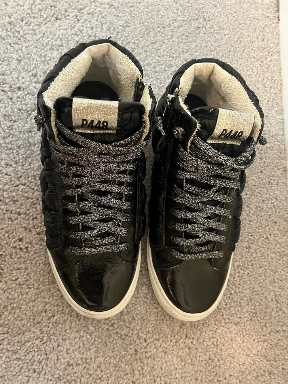 P448 Women's Black Quilted High-Top Sneakers with Silver Laces